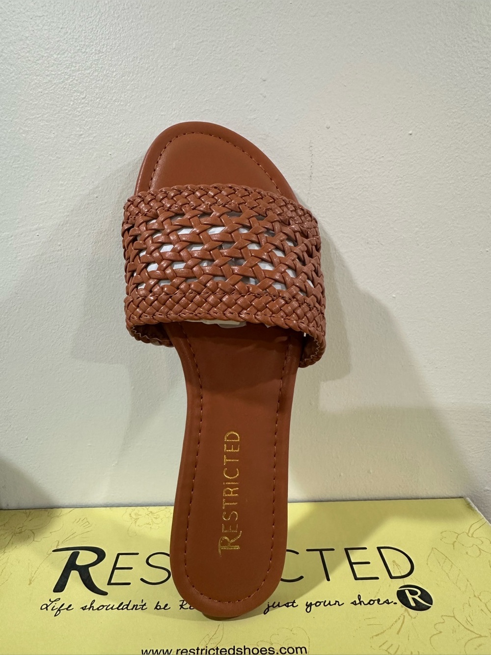 Restricted Braided Slide Sandal in Cognac Brown